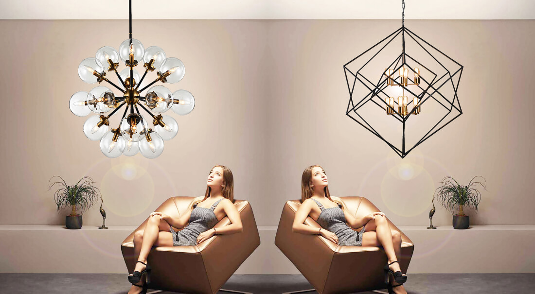 two women looking at chandeliers