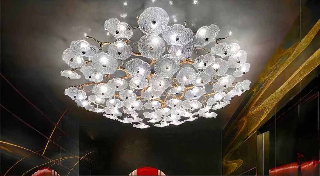Chandelier on ceiling with flower like lightbulbs